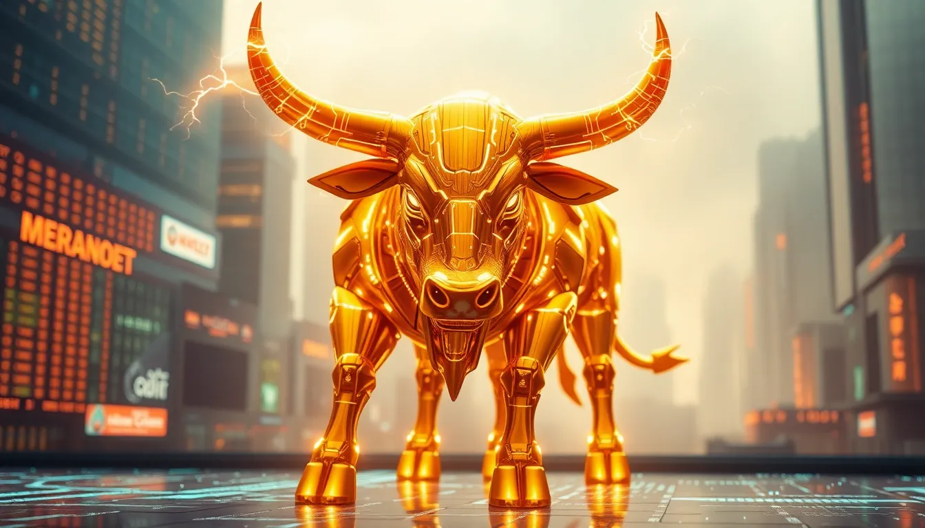 Bitcoin market bottom 관련 미래형 디지털 황소 아트 일러스트